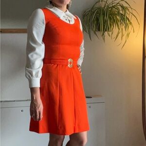 Vintage Retro Mid Mod Dress - 1960s Long Sleeve Orange & White w Belt, 27” Waist